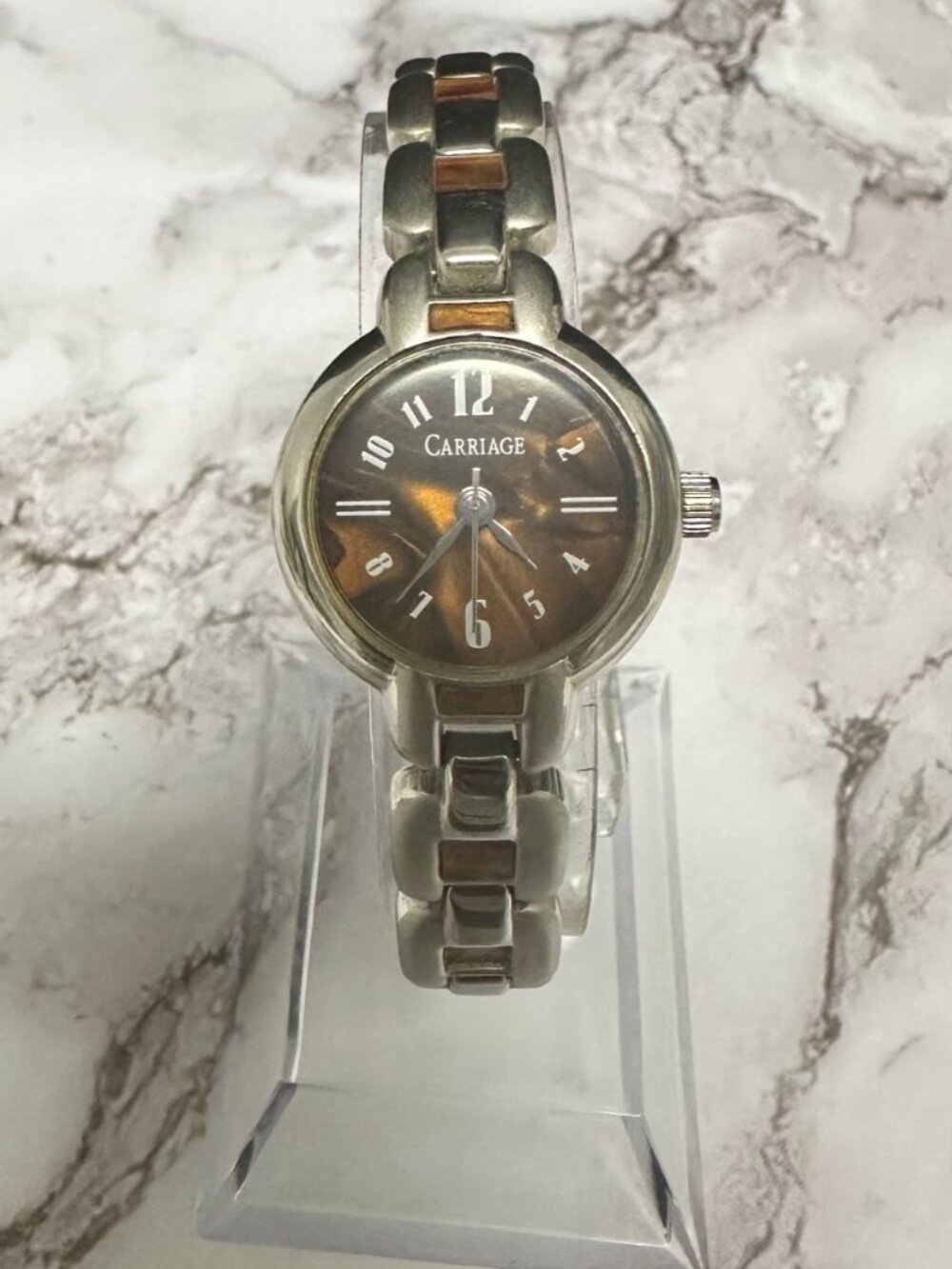 Carriage Watch Women Silver Tone Brown Dial Round 21MM New Battery 7 Inch